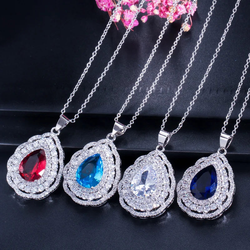 3 Layers Cubic Zircon Paved Purple Big Water Drop Silver Color Women Wedding Engagement Jewelry Set of Earrings Necklace Ring