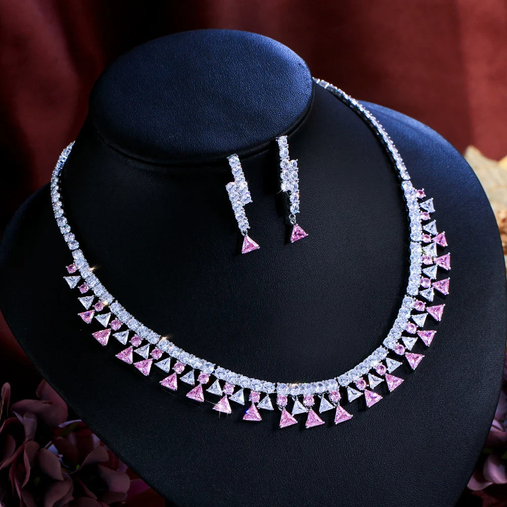Shinning Triangle Shape Cubic Zirconia White and Pink Luxury Jewelry Set for Women Gathering Party Necklace and Earrings Set