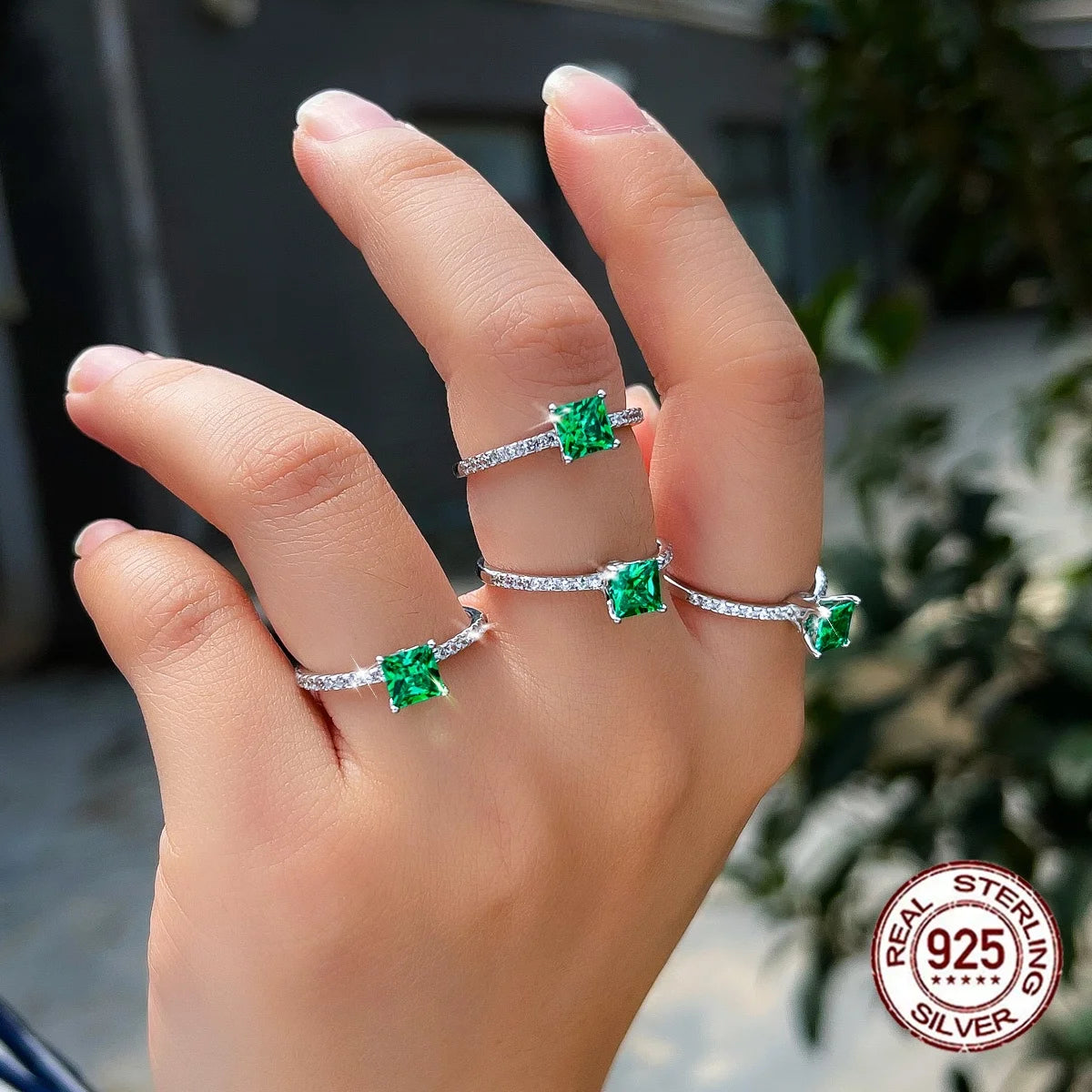 S&S 925 Sterling Silver 5mm Emerald-Cut Green CZ Engagement Ring – Rhodium Plated – Collection