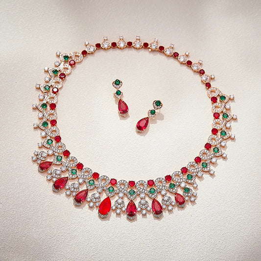 Luxury Palace Style Red and Green Gemstone Jewelry Set Rose Gold Necklace Earrings for Wholesale Bride Dinner Dress Accessories