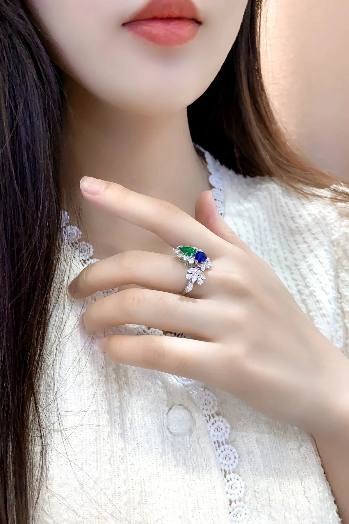 Gemfiori Jewelry Trendy High Quality S925 Silver Cultivated Sapphire Emerald Ring Unisex Engagement Ring for Wedding Party or Gift
