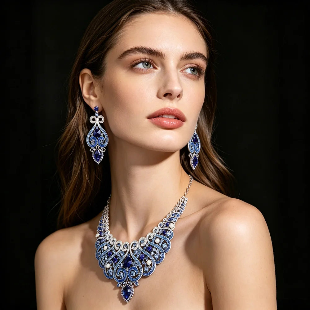 Luxury Princess-Cut Zirconia & Pearl Floral Statement Necklace & Drop Earrings Bridal Set — Gold Plated