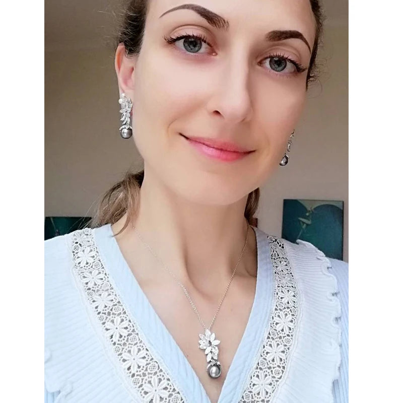 Fashion Marquise Cut CZ Zircon Chain Link Necklace and Earrings Party Dress Grey Pearl Jewelry Set for Women Accessories