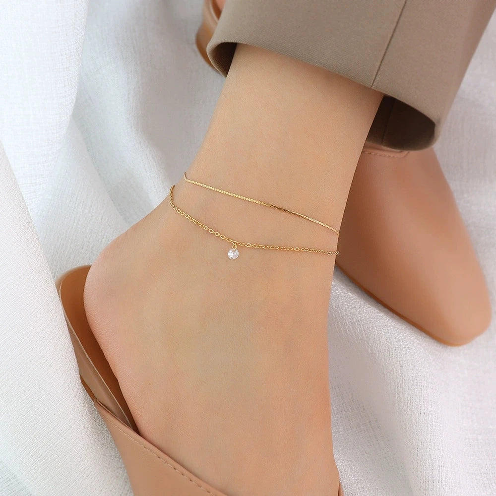 LT-S003 Light Luxury, Stylish Double-layer Minimalist Niche Anklet Inlaid with Zircon Stainless Steel and Plated with 18k Gold