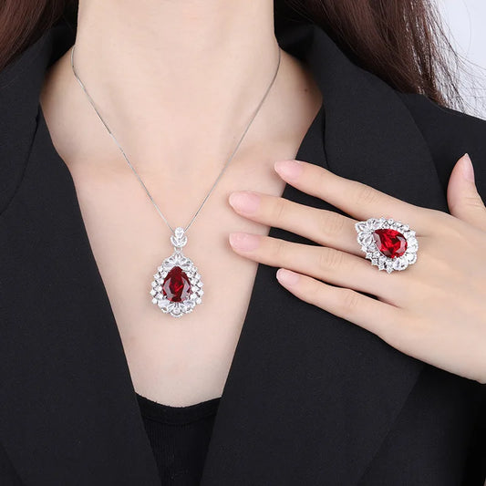 Gemfiori Luxury Pear Cut Gemstone Pendant Necklaces with Matching Ring Double Halo Design Elegant Statement Accessory for Wedding Jewelry