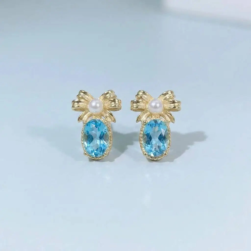 Gioiellieri Natural Swiss Blue Topaz Stud Earrings with S925 Sterling Silver Setting Elegant Romantic Fine Gemstone Jewelry Anniversary Gift