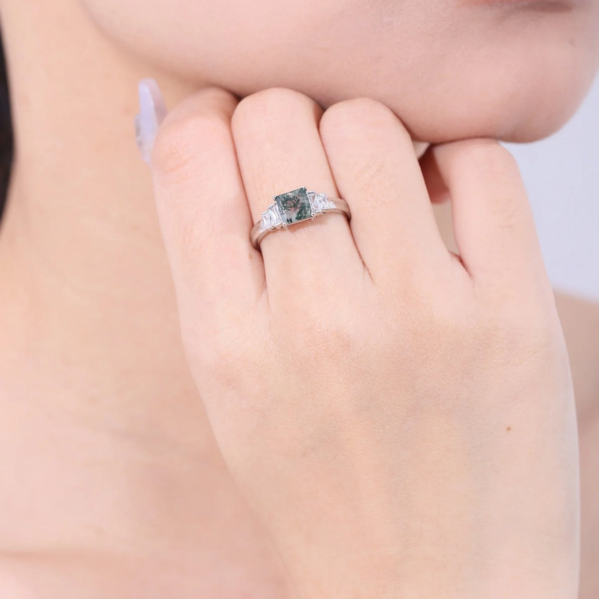 ArtistA F0343 Abiding Five Stone Design 925 Sterling Silver Princess Cut 6x6mm Natural Moss Agate Square Shape Engagement Ring