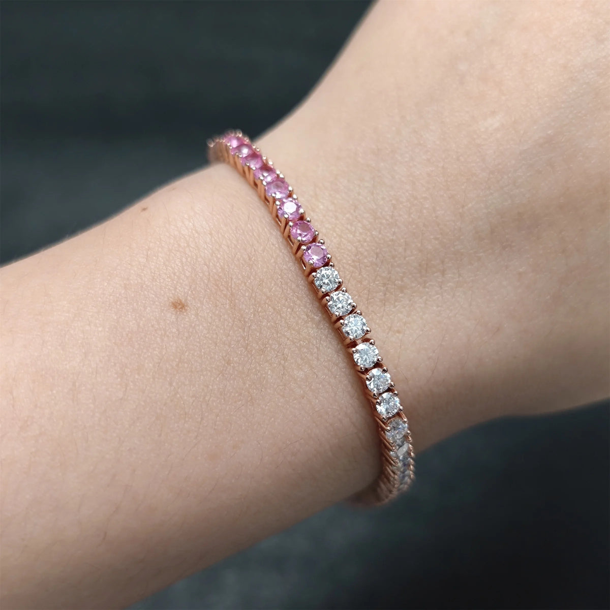 Gemfiori Gradient Pink Tennis Bracelet 925 Silver Pink Lab Grown Sapphire & White Moissanite Silver Rose Gold Plated Tennis Bracelet