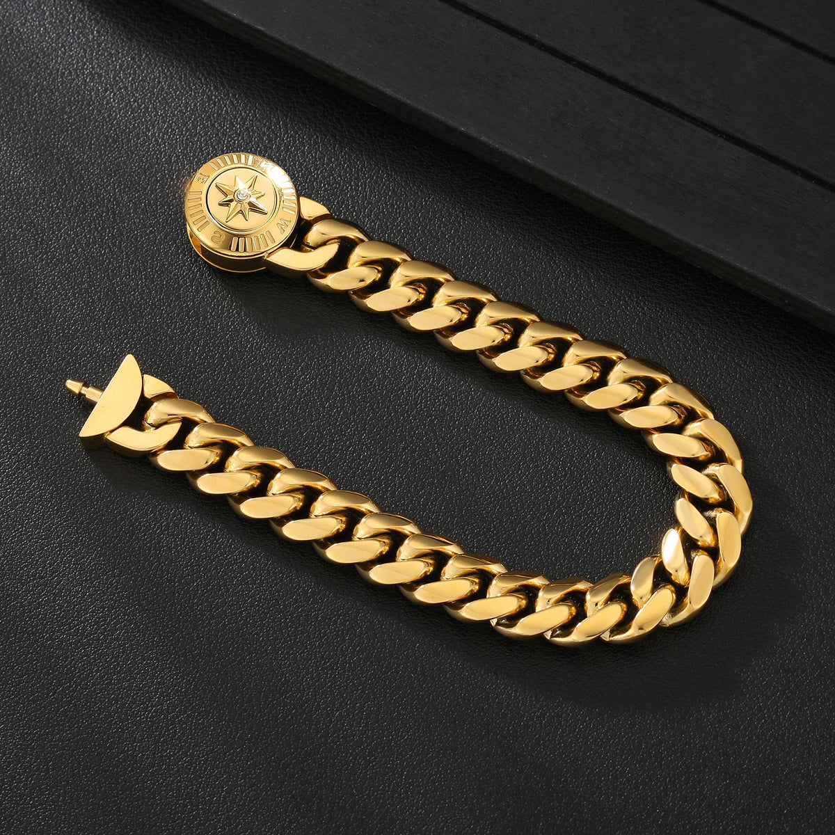S&S Easter Faith Gifts Cross Lion Compass Anti-tarnish Jewelry 18K Gold Plated Stainless Steel Mens Miami Cuban Link Chain Bracelet