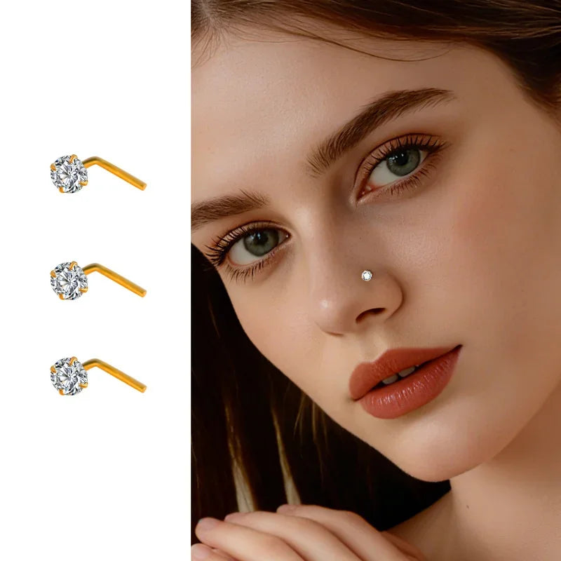 S&S 925 Silver L-Shape CZ Diamond Nose Stud | 8 Colours | Platinum & Gold