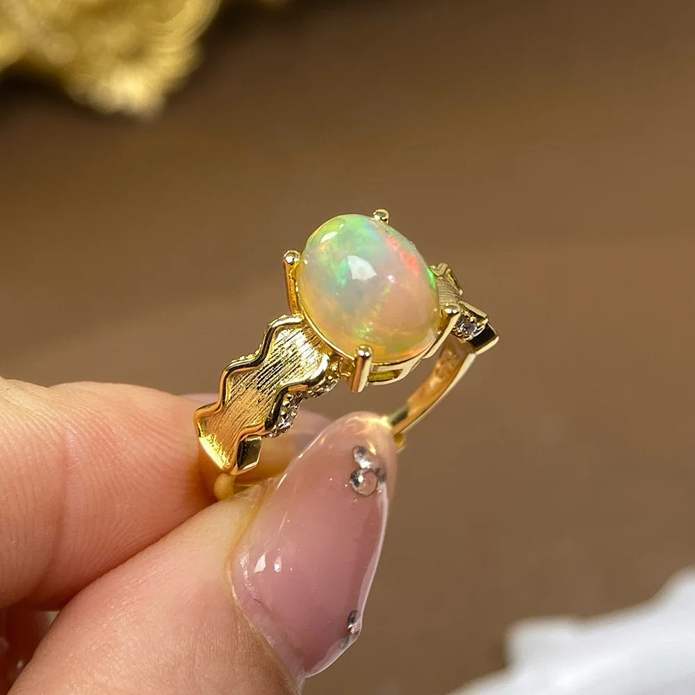 Gioiellieri Natural Ethiopian Opal Ring with S925 Sterling Silver Elegant Multi Color Gemstone Jewelry October Birthstone Gift