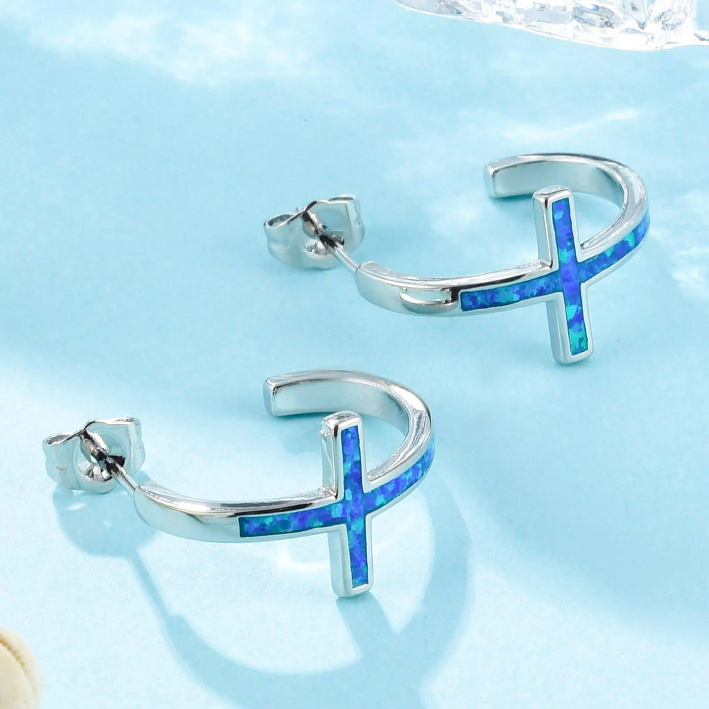 Faith Cross Opal Huggie Earrings - Blue Fire Opal Inlaid Cross Hoop Design | Minimalist Spiritual Jewelry Bulk Gifts