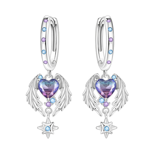 S&S Purple Ombré CZ Angel Wing & Star Drop Earrings – Silver Plated – Collection