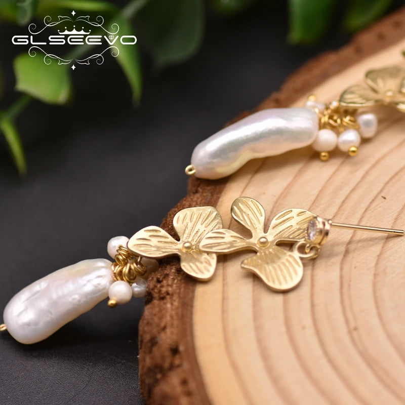 Natural Baroque Pearl Long Flower Drop Earrings for Women Wedding Engagmement Gift Handmade Jewelry Earrings Bulk