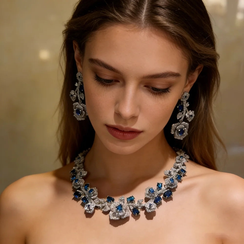 XM S203  Luxury Royal Blue Gemstone Flower Statement Necklace and Drop Earrings Set