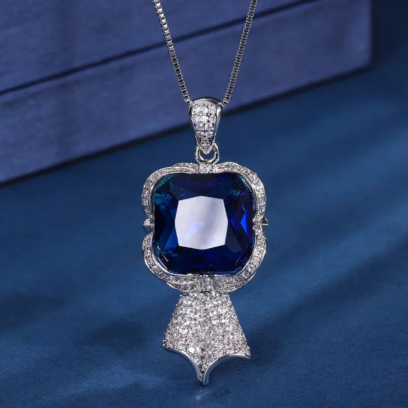 Gemfiori Korean Fashion Jewelry Light Luxury Temperament Pendant Inlaid with Blue Zircon Ring Jewelry Set