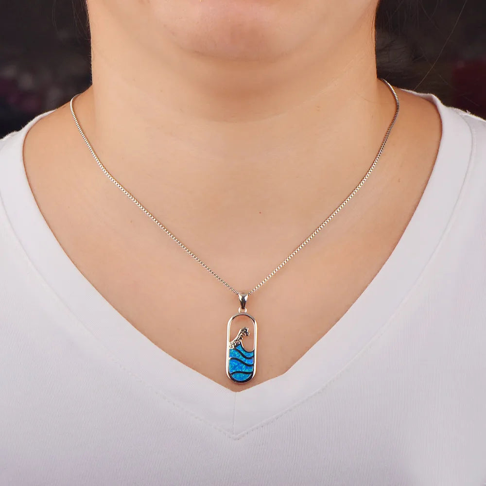 Ins Trendy Copper Hawaiian Blue Opal Wave Bottle Necklace | Dainty Silver Plated Link Chain Sweater for Women Daily Life