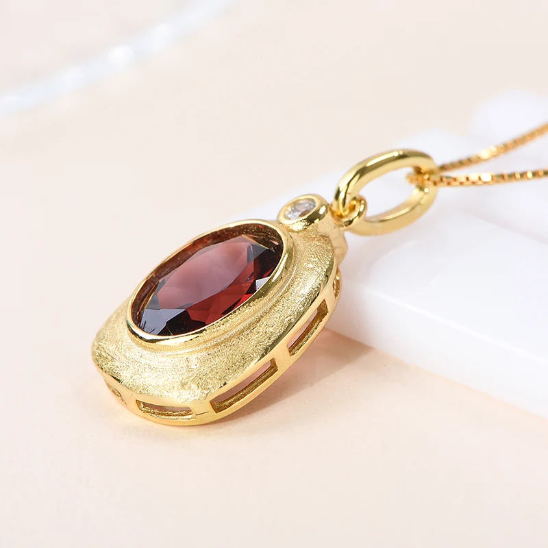 Gioiellieri Fashion Garnet Pendant Necklace Women 18K Gold Plated 925 Sterling Silver Chain Zircon Natural Stone Claw Setting CMA Certified