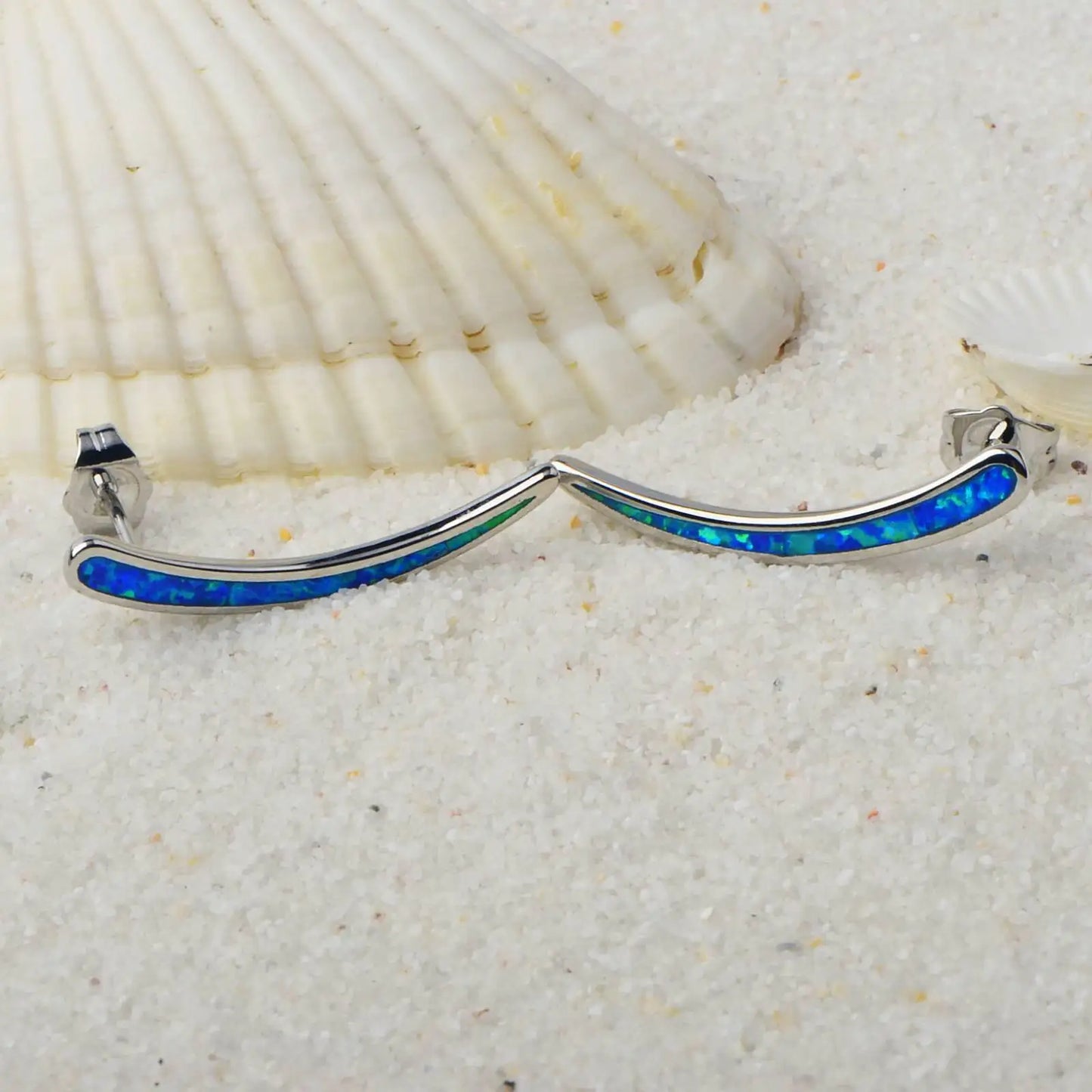 Sleek Crescent Opal  Earrings - Blue Fire Opal Inlaid Curved Frame Design | Minimalist Daily Jewelry Bulk Gifts