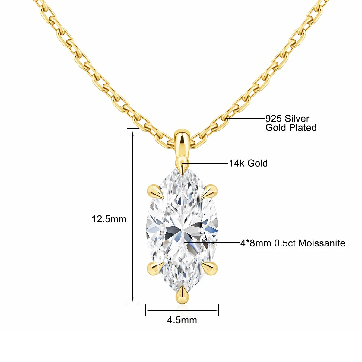 Gemfiori Quality Jewelry Supplier Custom Woman 6 Claws 0.5ct 1ct 2ct Marquise Cut Moissanite Pendant Real 585 14K Gold Jewelry