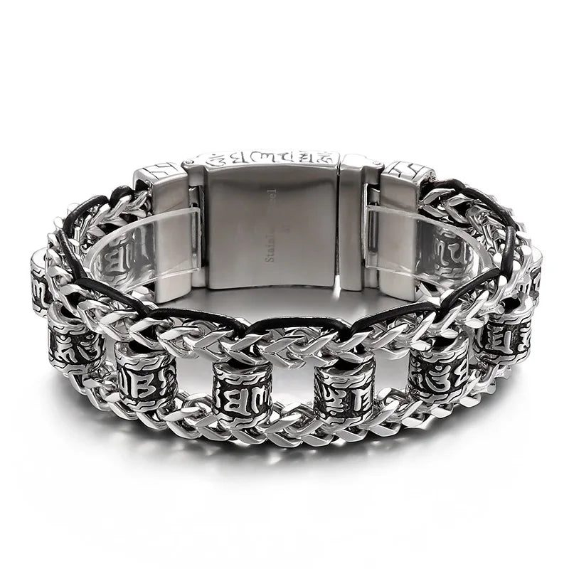 VIKING Mens Retro Stainless Steel & Cowhide Link Bracelet – Ancient Ethnic Symbols