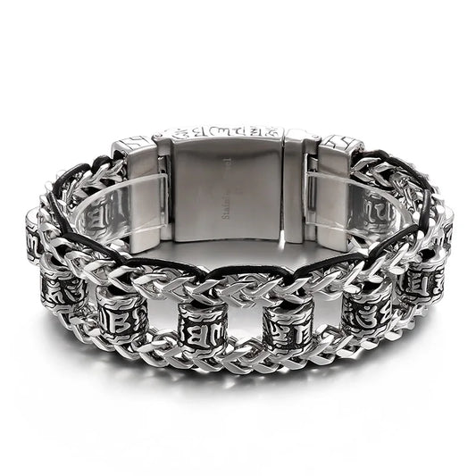KALEN Mens Retro Stainless Steel&Cowhide Link Bracelet With Ancient Ethnic Symbols Charms