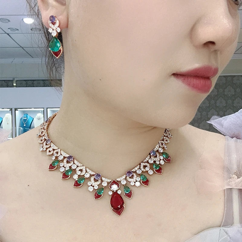 2025 New Women's High End Jewelry Brass Necklace Earrings Red Agate High Quality Zircon Luxury Wedding Gift