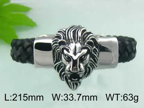 KALEN Fashion Mens Bracelets Stainless Steel Cowhide Leather Lion Head Bracelet Bangle