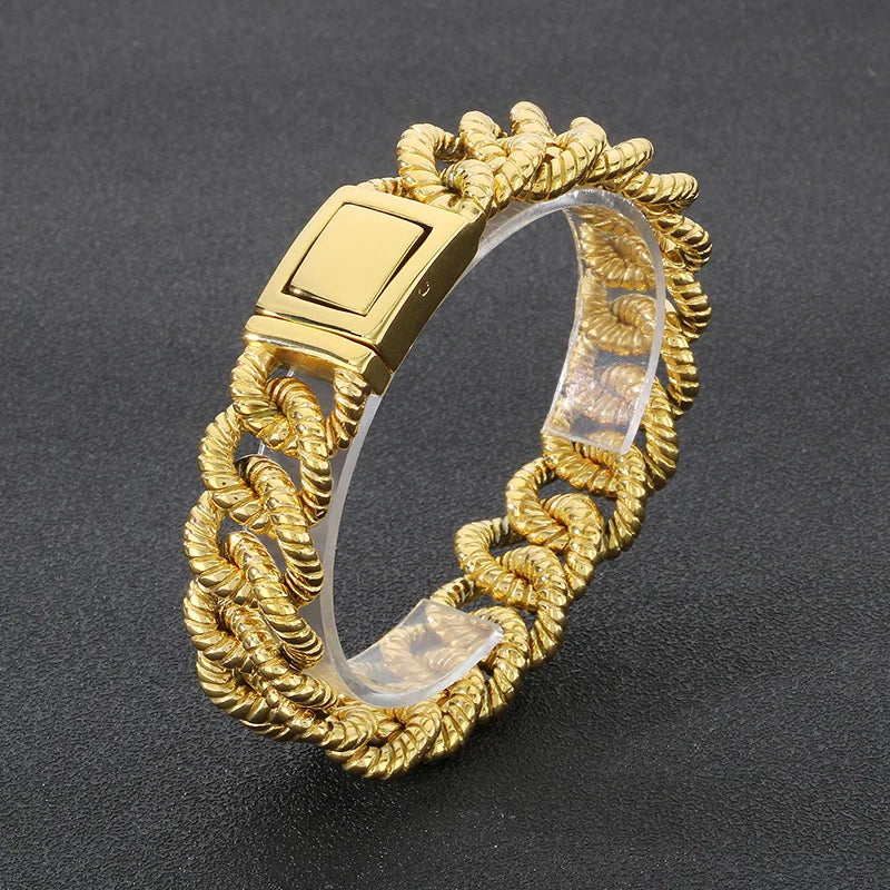 REBEL 215mm Men Punk Stainless Steel Rope-Shaped Cuban Links Bracelet