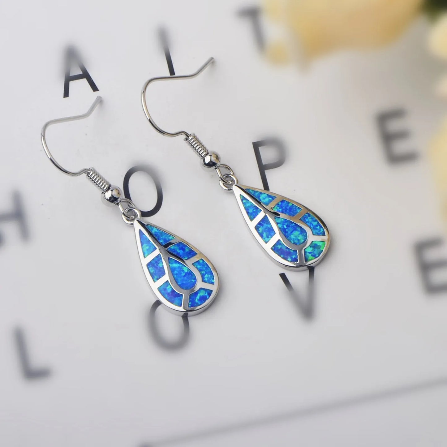 Elegant European American Brass Silver Plated Opal Pendant Earrings Teardrop Design Bohemia Style Women's Fashion Wholesale
