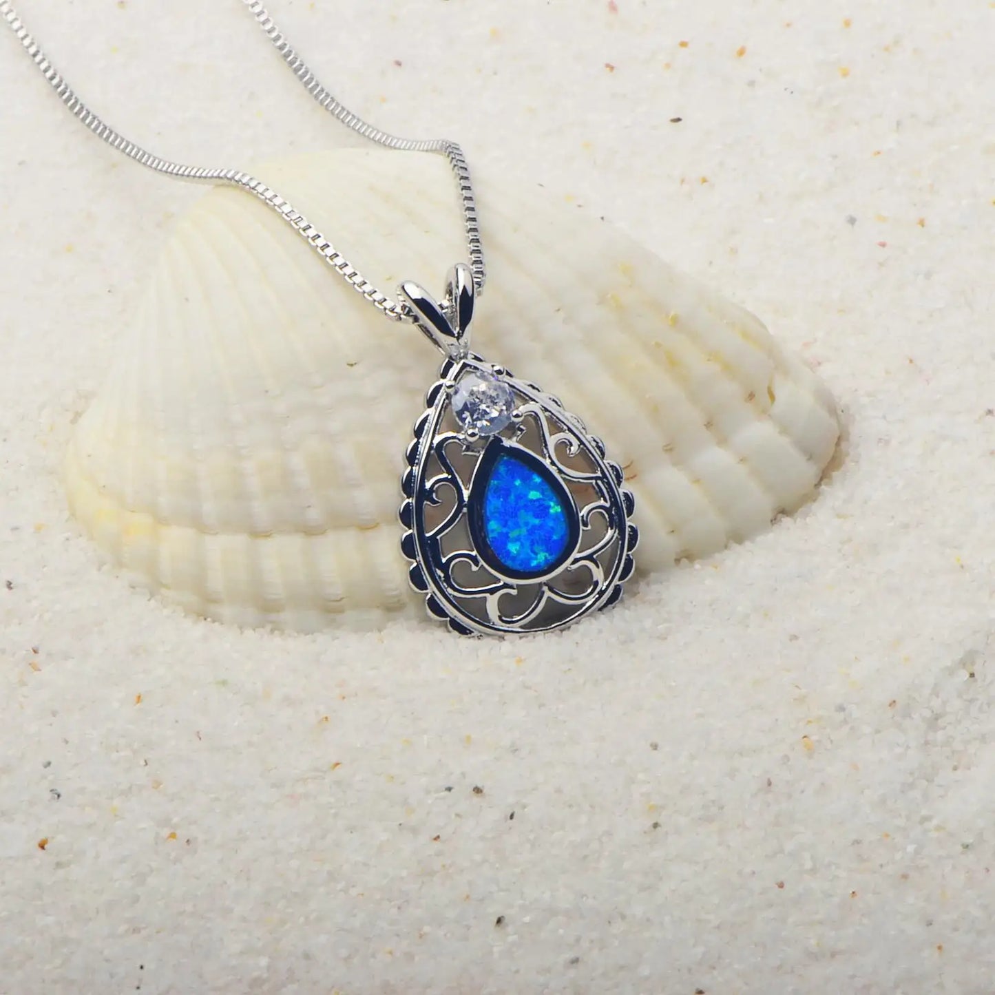 Aobao Women's Geometric Copper Alloy Silver Plated Christian Opal Blue Water Drop Necklace Chains Jewelry Gift Inlaid Opal