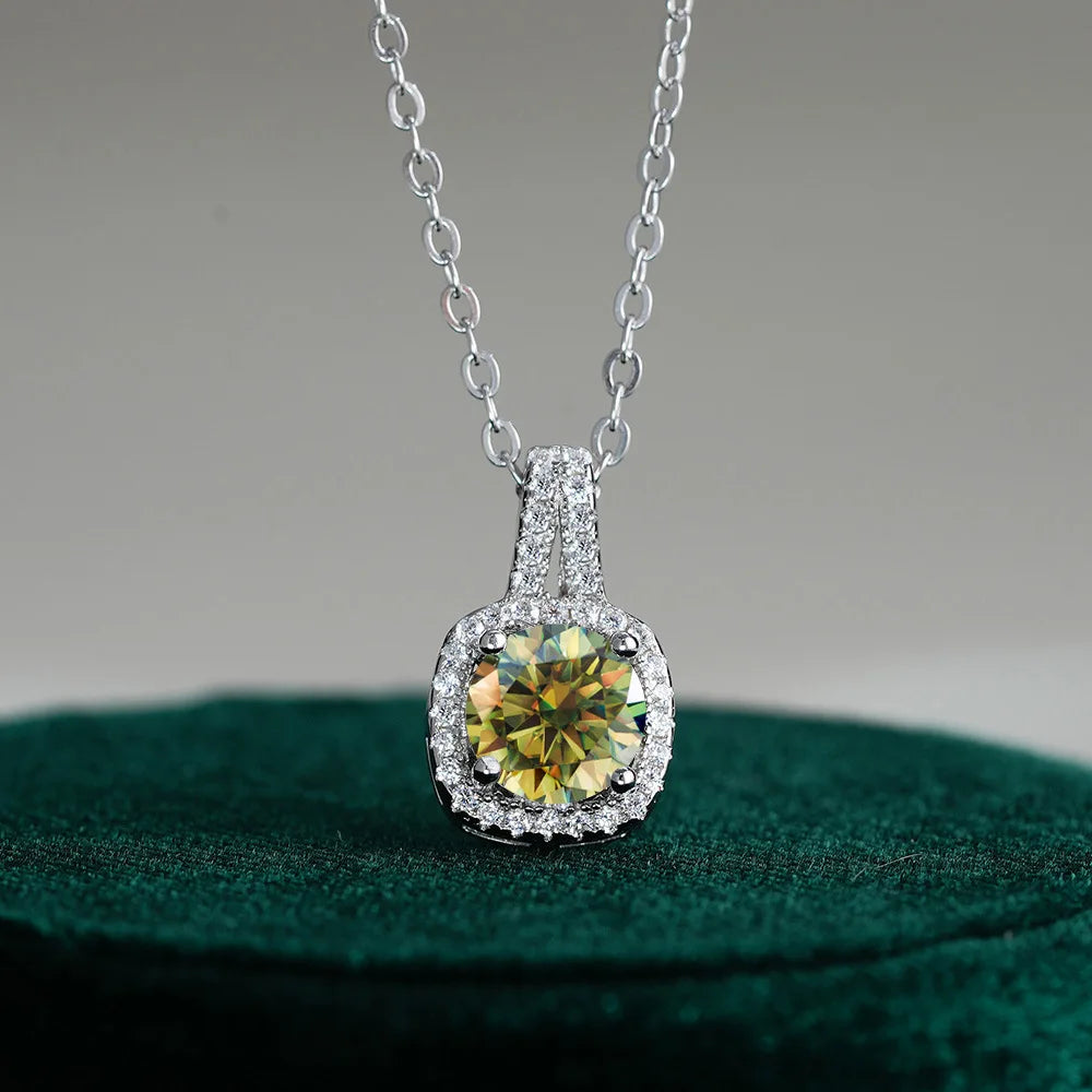 Fine Jewelry 925 Silver Square Bezel Set Round Cut 1CT 2CT VVS GRA Certified Colorful Moissanite Diamond Pendant Necklaces Women