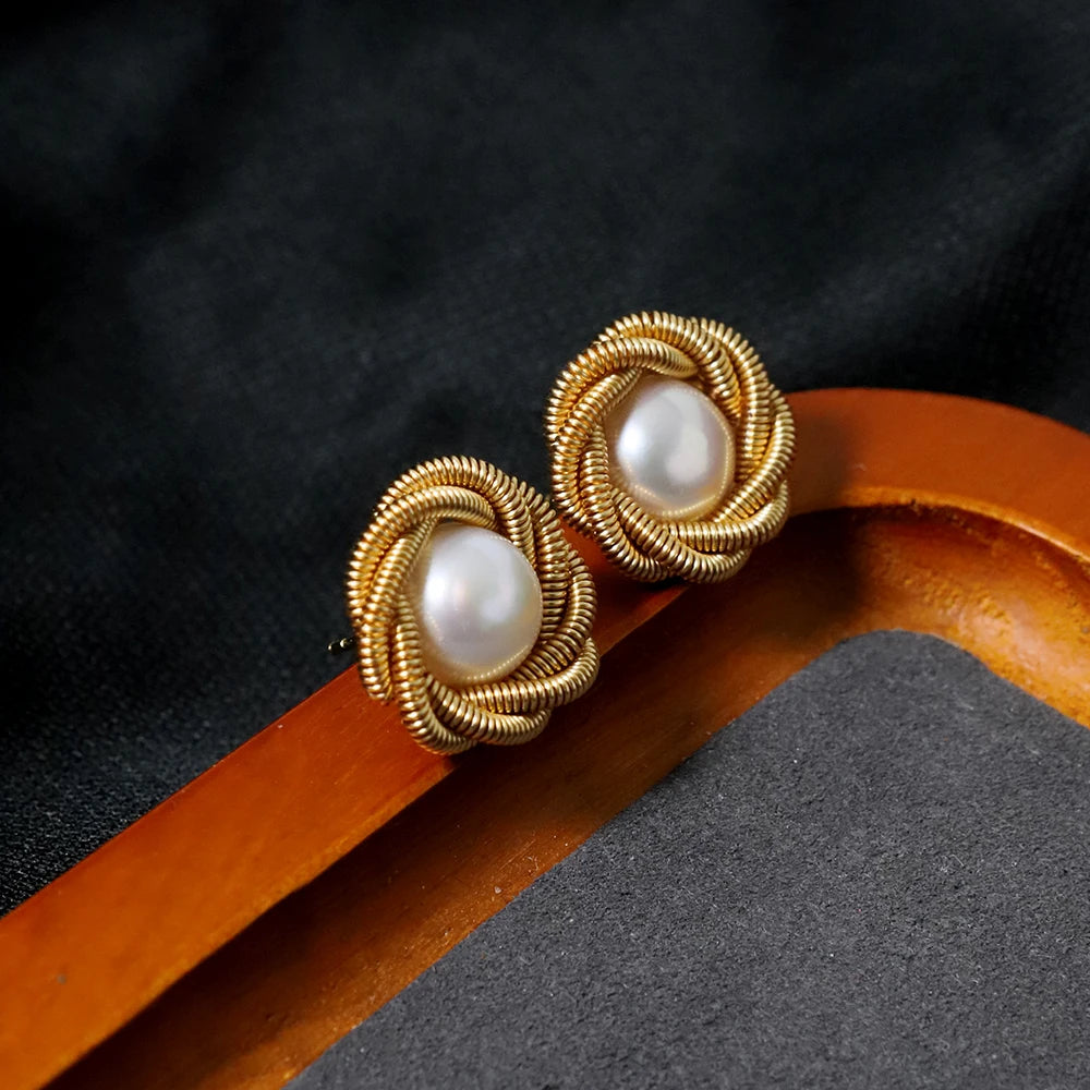 Natural Freshwater Pearl Gold Wire Lace Earrings Korean Style Women Luxury Jewelry Fashion Ladies and Girls Gift GE1566
