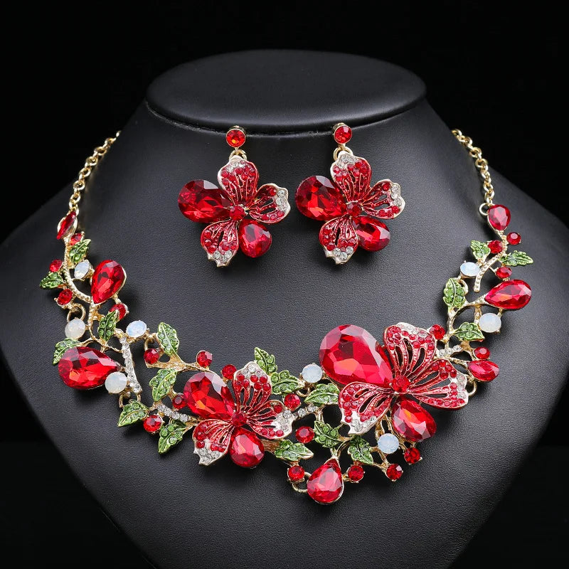 Zircon & Pearl Flower Necklace & Earrings Jewellery Set | Romantic Bridal Fashion Set