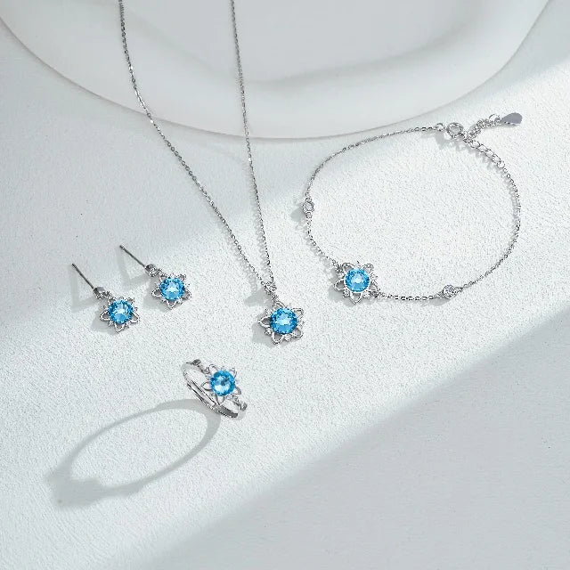 S&S Blue Crystal Star 925 Silver Jewellery Set | Rhodium Plated Necklace, Earrings, Bracelet & Ring | S&S Collection