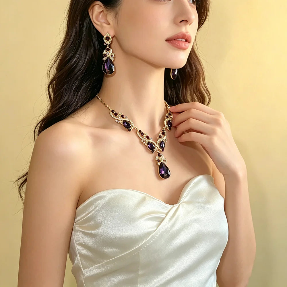 Luxury Princess-Cut Purple Zirconia Floral Teardrop Necklace & Drop Earrings Bridal Set — Gold Plated