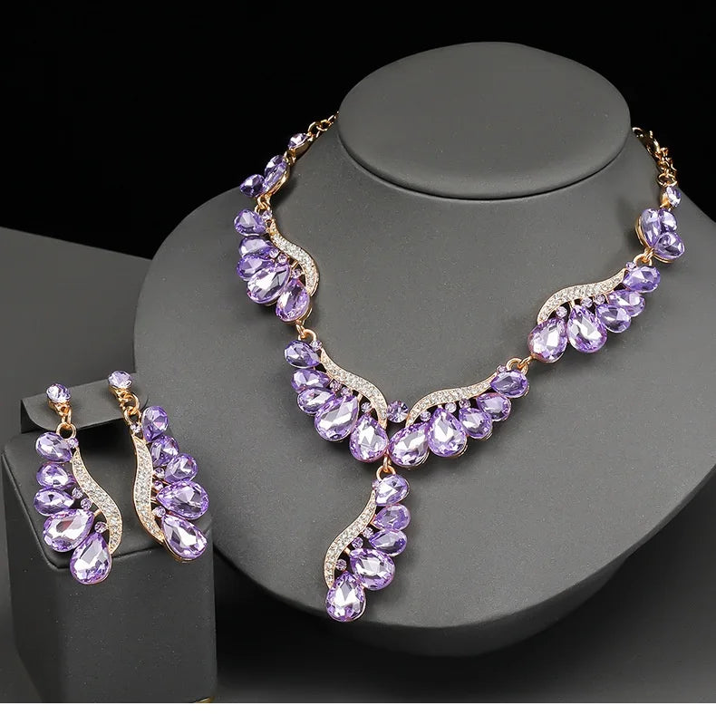 Luxury Multi Color Crystal Drop-Shaped Gemstone Necklace Earrings Jewelry Set for Women