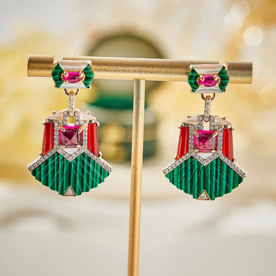 Luxury Green Malachite & Red Ruby Gemstone Claw-Set Pendant Necklace, Earrings & Ring Bridal Set — Rose Gold & Rhodium Plated