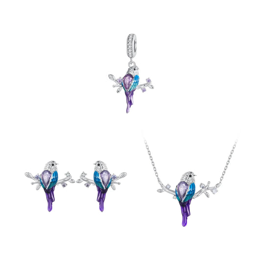 S&S 925 Silver Enamel Kingfisher Jewellery Set – Necklace, Pendant & Earrings – Platinum Plated – Collection