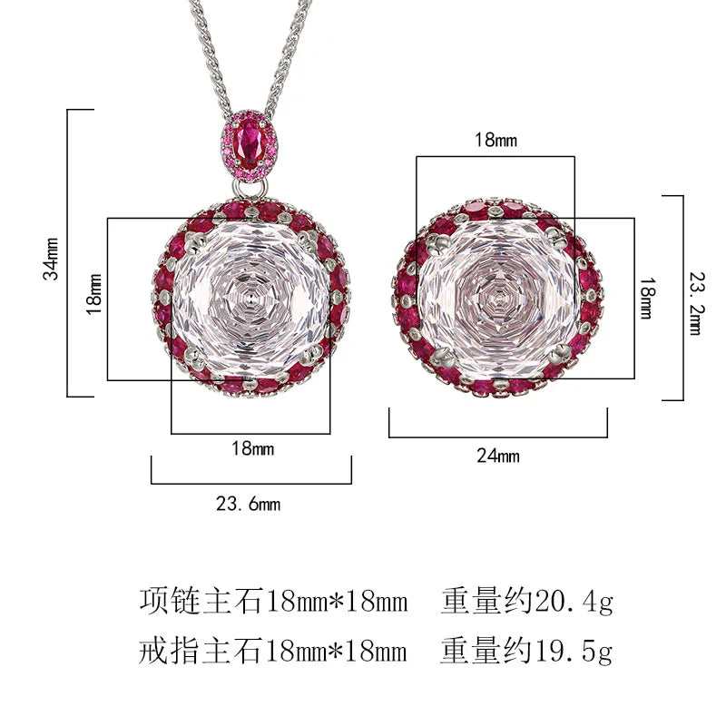 REDheart Fashion Copper Inlaid Zircon Opening Ring Rose Red Zircon 18K Gold Plated Flower Design Light Luxury Women's Pendant Jewelry Set