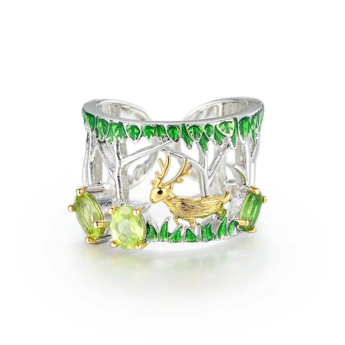 ArtistA Abiding Custom Green Natural Gemstone Ring Collection 925 Silver Natural Peridot Rings with Regular Open 2 Tone Design