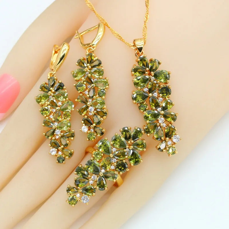 XOTICA Luxury Green Peridot Gold Jewellery Set Yellow Gold Necklace Earrings Pendant for Wedding Engagement Christmas Birthday Gift