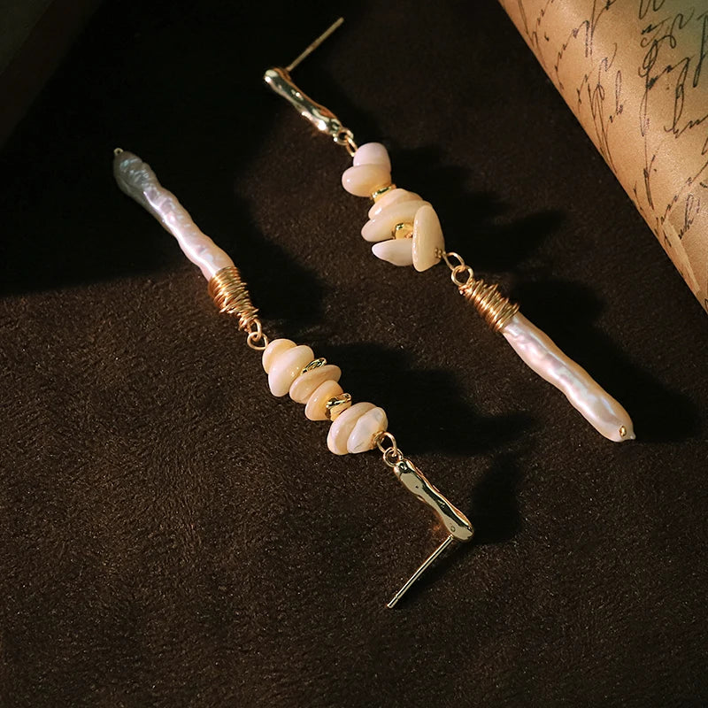 Baroque Natural Pearl Layered Shell Pendant Earrings 18k Gold Plated Handmade Design Earrings for Banquet Wedding Wife GE1820