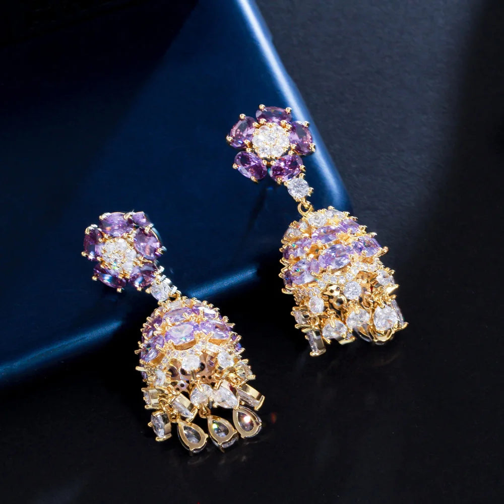 Luxury Purple Cubic Zirconia Crystal Indian Gold Plated Gypsy Bell Dangly Drop Long Earrings for Women Party Costume Jewelry