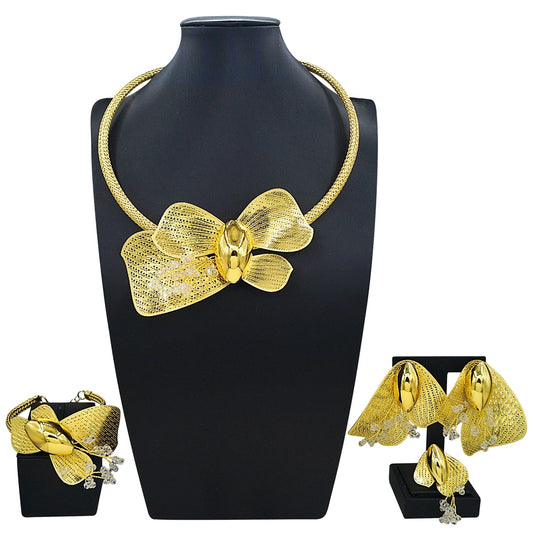 Zhuerrui Luxury Gold Plated Bow Knot Jewelry Set Rhinestones for Women Necklace Earrings Bracelet Ring Party Accessories MY20935