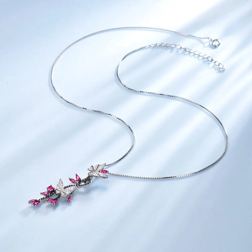 925 Sterling Silver Butterfly Jewelry Set Romantic Ruby Black Spinel Gemstone Rings Pendant Drop Earrings for Women Gift