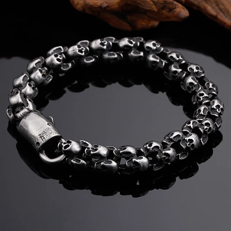 Kalen Punk Skull Gothic Jewelry Stainless Steel Bracelet Gold Plated Shiny Matte Skull Beaded Thick Bracelet for Men