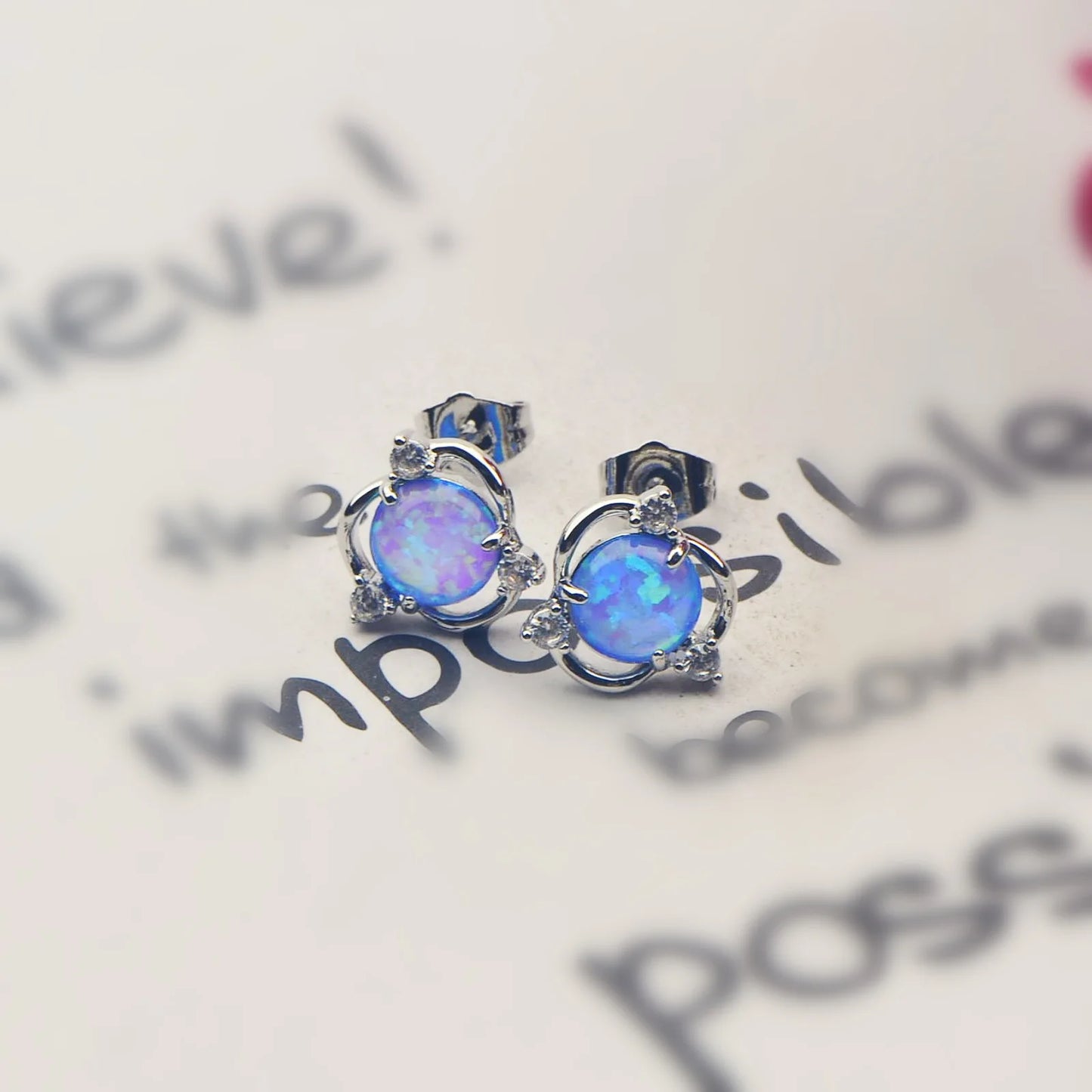 Geometric Opal Earrings - Blue Fire Opal Solitaire & CZ Accent Design | Elegant Formal Jewelry Bulk Gifts