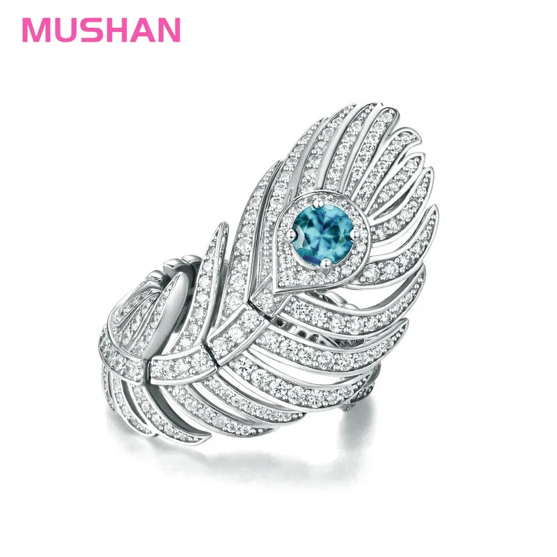 MUSHAN Luxury Jewelry 925 Sterling Silver Rings Feather Band High Carbon Diamond Aquamarine Rhodium Plated Women Wedding Ring