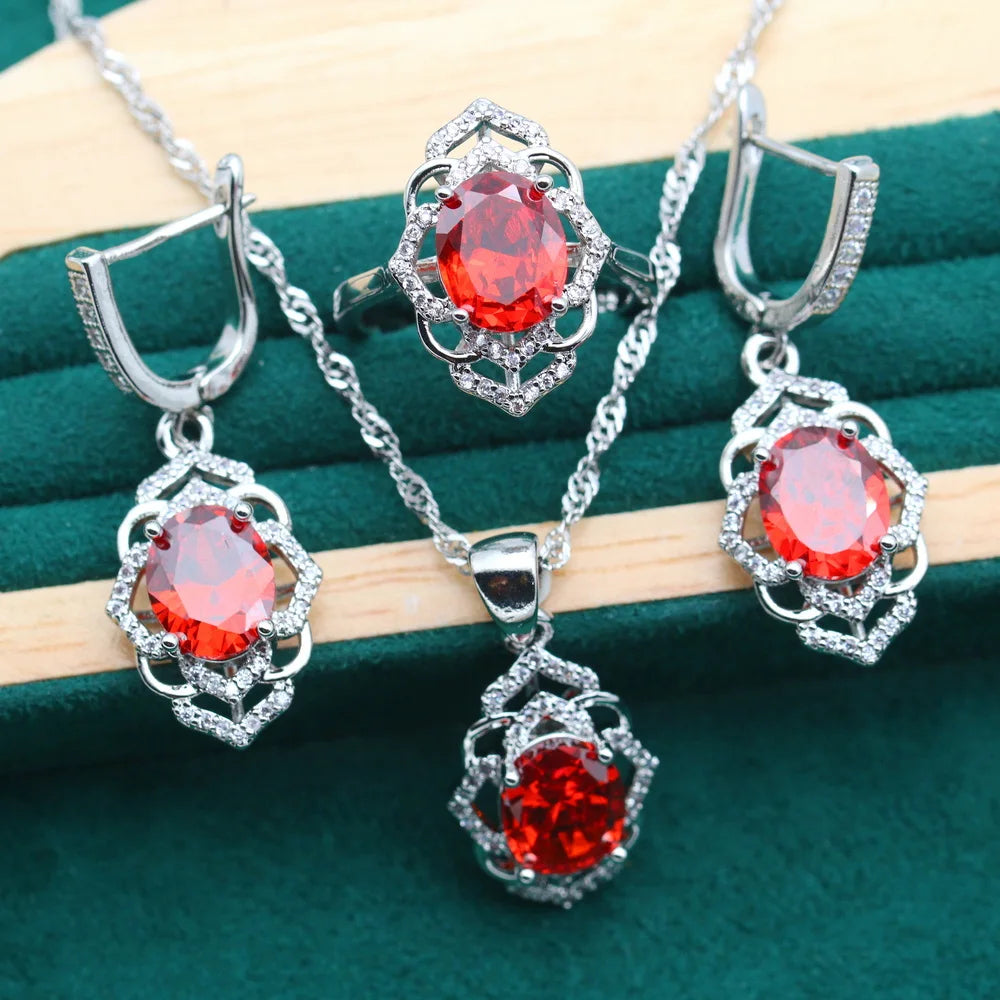 XOTICA 2022 New Red Cubic Zirconia Platinum Plated Classic Wedding Party Jewelry Sets for Women Bracelet Earrings Open Ring Pendant